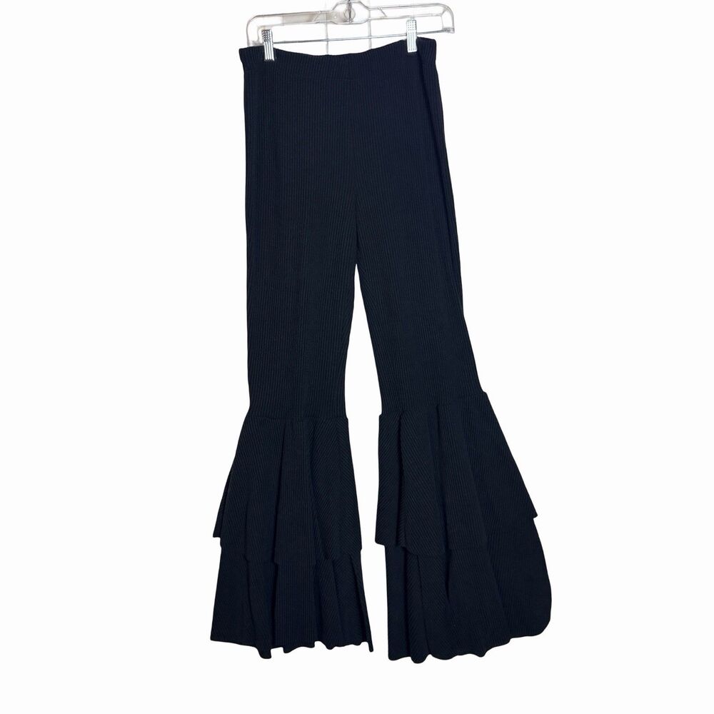 Blue Buttercup Pants Black Ribbed Flare leg Women's Large Stretch Bohemian Boho
